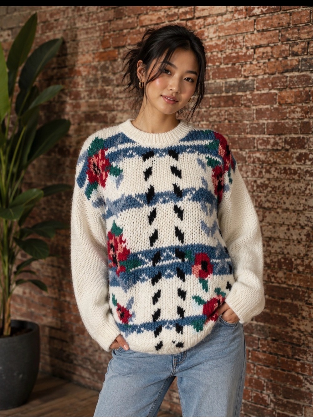 Vintage Y2K Needles & Yarn Chunky Knit Floral Pullover Crewneck Sweater